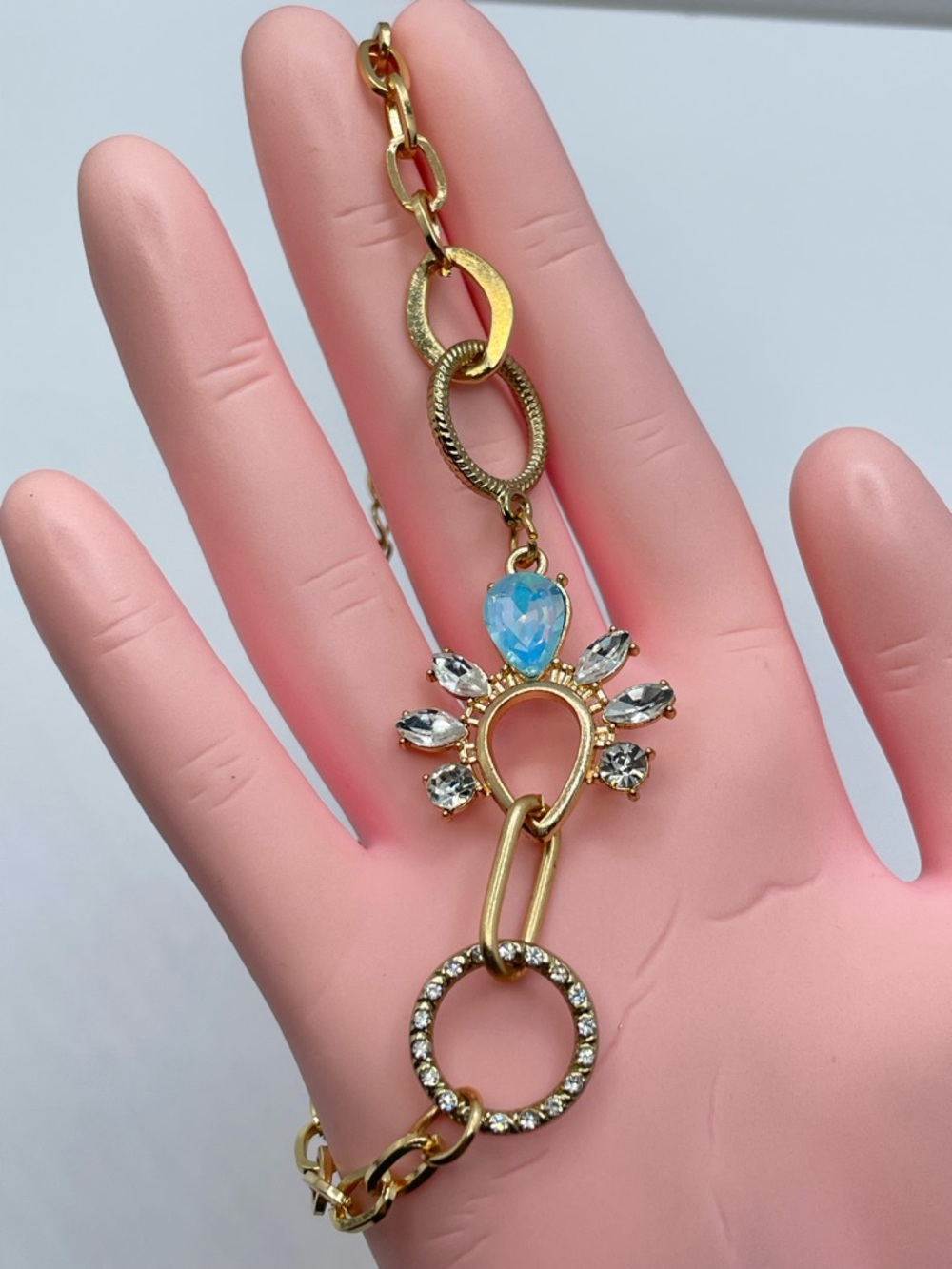 Gold Tone Crystal Toggle Bracelet Blue Teardrop Rhinestone Statement - Picture 7 of 7